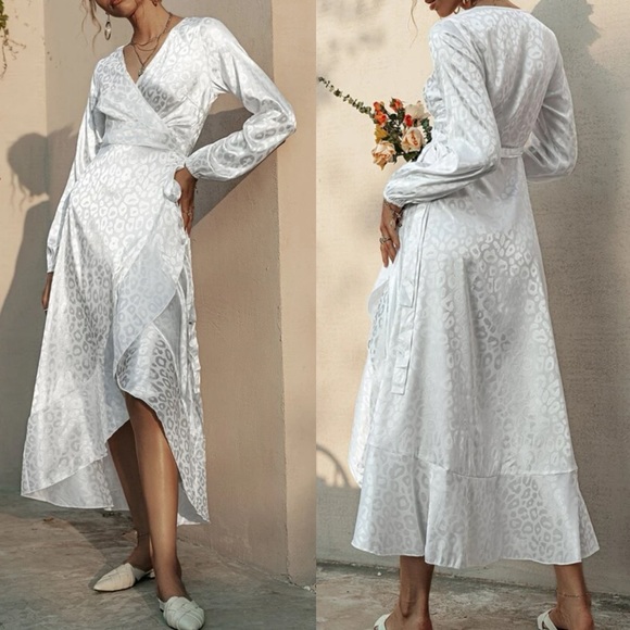 Boho army green  leopard print jacquard wrap belted maxi dress - Picture 5 of 8